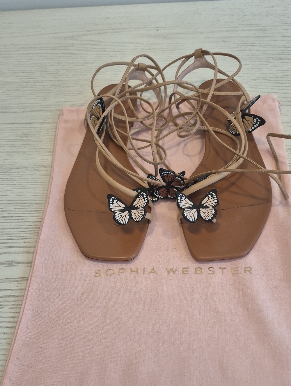 Sophia Webster Vanessa Tan Lace-Up Butterfly Flat Sandals